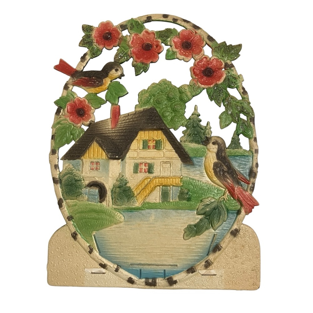 Vintage Die Cut Embossed Cottage Lake Birds Flowers Calendar Holder Germany